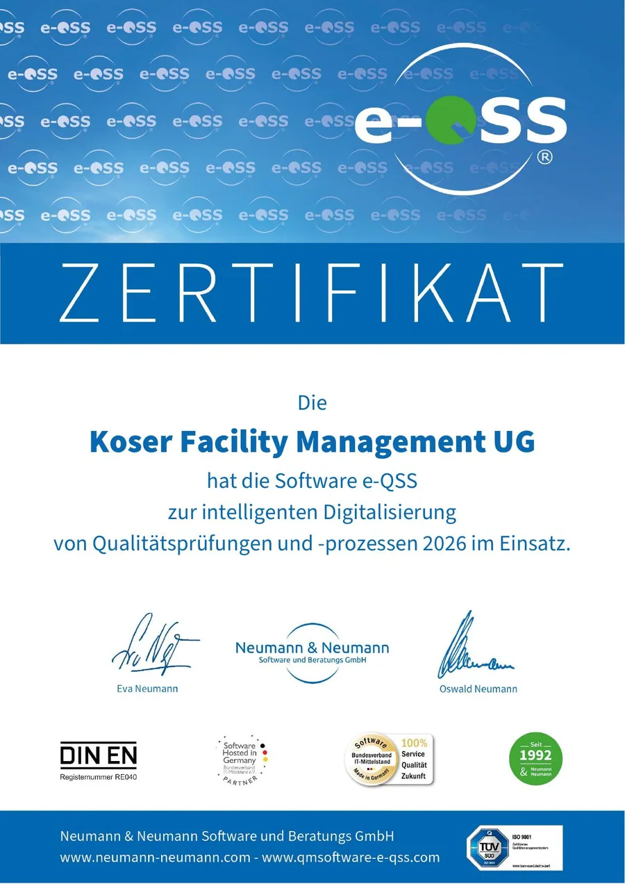 e-QSS Zertifikat 2026 für die Koser Facility Management UG – Einsatz der Qualitätsmanagement-Software von Neumann & Neumann